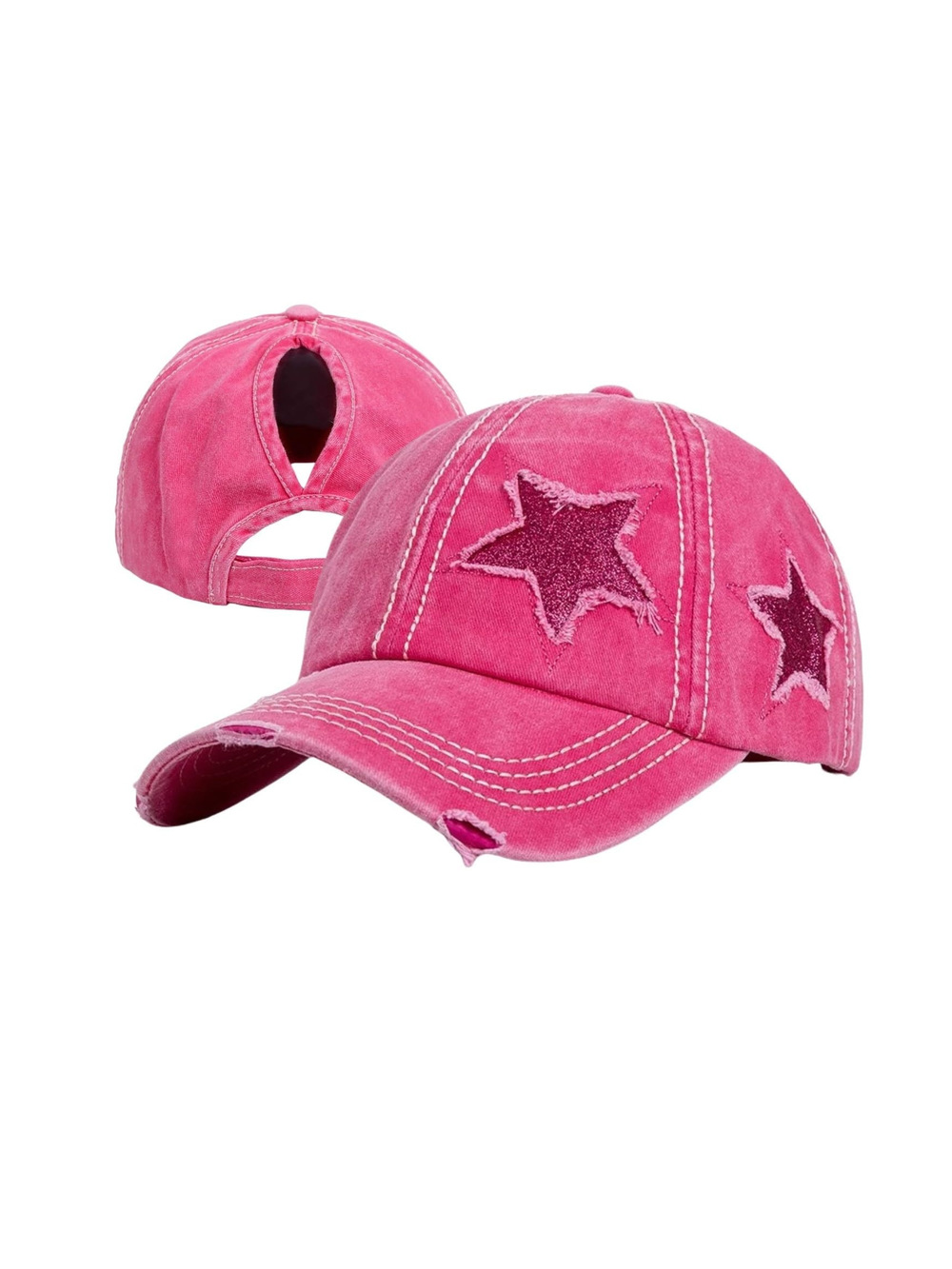 Womens High Ponytail Messy Bun Baseball | Star Solid Fabric Hot Pink | Size OS